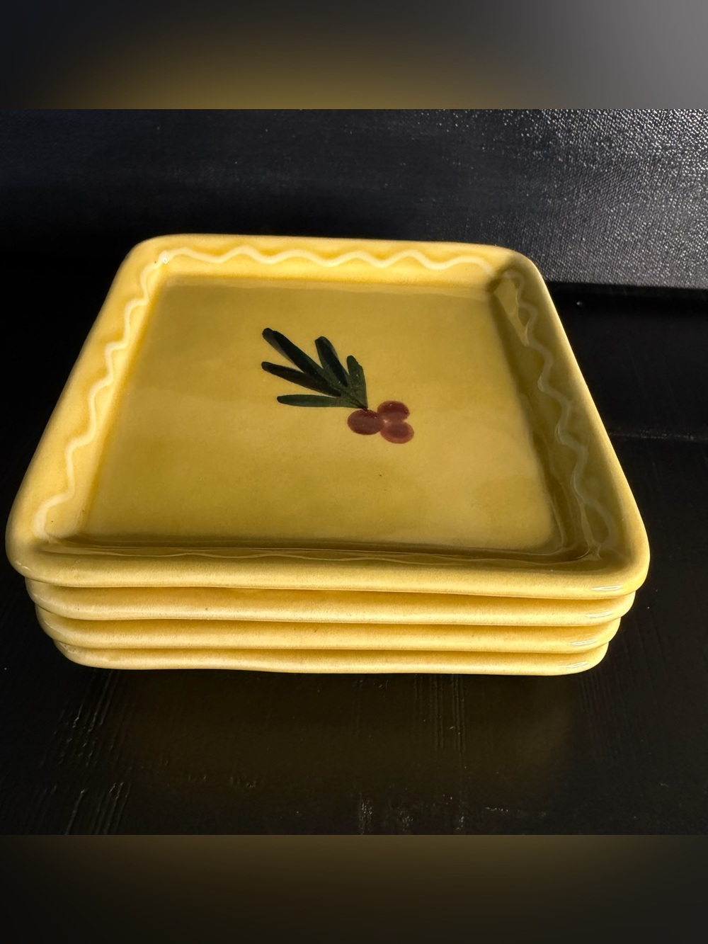 Williams Sonoma Yellow Ceramic berries Motif Square Appetizer Plates - Set of 4